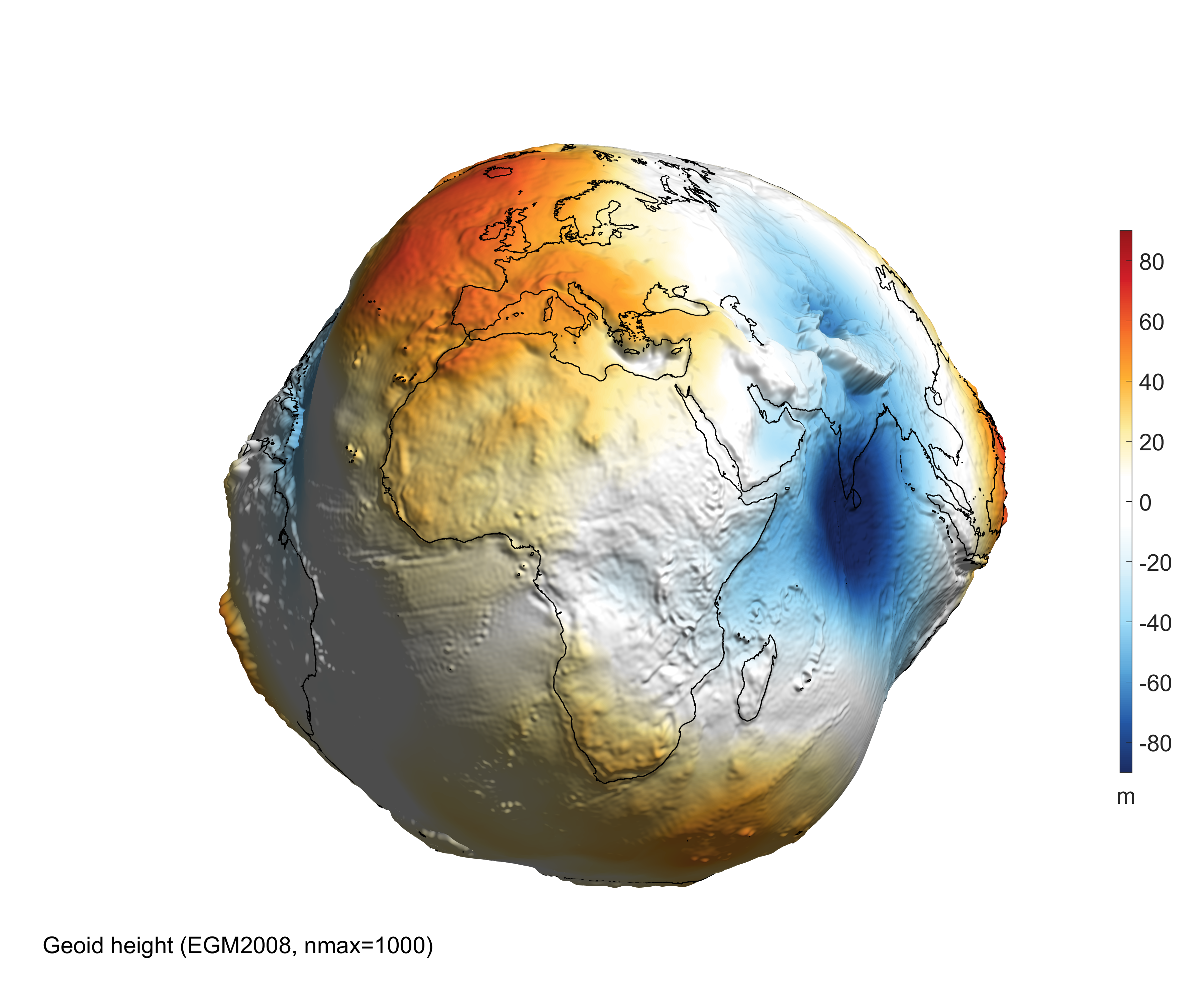 Dünya | Uzaydan Haberler'nın geoid yüksekliği, kütleçekim bozukluğu ve kütleçekim meyili dikkate alınarak MATLAB'da modellenen 3 boyutlu Dünya gösterimi. (Görsel: Bezdek A, Sebera J, 2013)